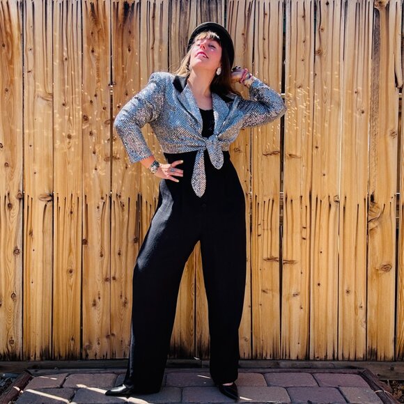 Vintage 80s 90s Menu Black Silver Sequin One Piece Dressy JumpsuitSize Large